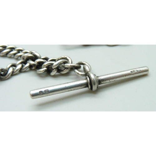 7088 - A silver graduated curb link Albert watch chain, 49.8g, 35cm from clip to T bar