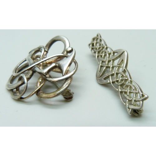 7091 - An Ola Gorie Arts and Crafts style silver brooch, 3.1cm, together with another Celtic style silver b... 