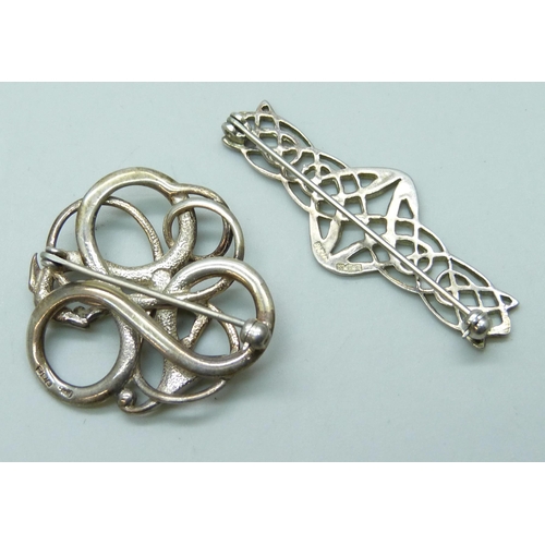 7091 - An Ola Gorie Arts and Crafts style silver brooch, 3.1cm, together with another Celtic style silver b... 