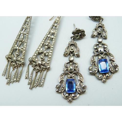 7105 - Two pairs of Art Deco marcasite set drop earrings - blue stone pair marked as silver, 6cm, the other... 