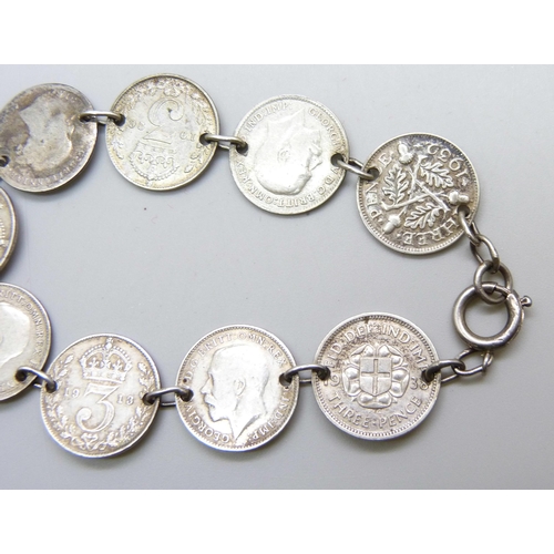 7106 - A silver 3d coin bracelet, some coins post 1920 half silver, 13g