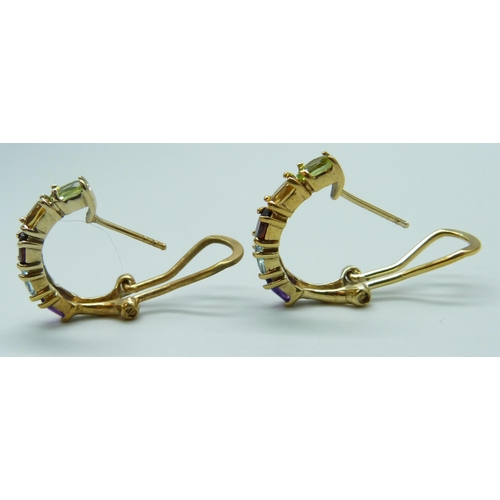 7108 - A pair of silver gilt multi gemstone set cuff style earrings, 4.3g