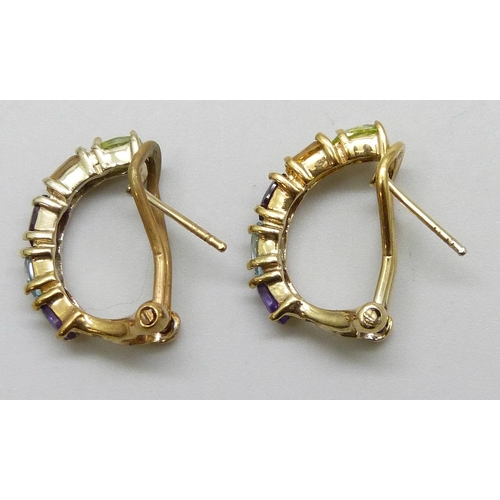 7108 - A pair of silver gilt multi gemstone set cuff style earrings, 4.3g