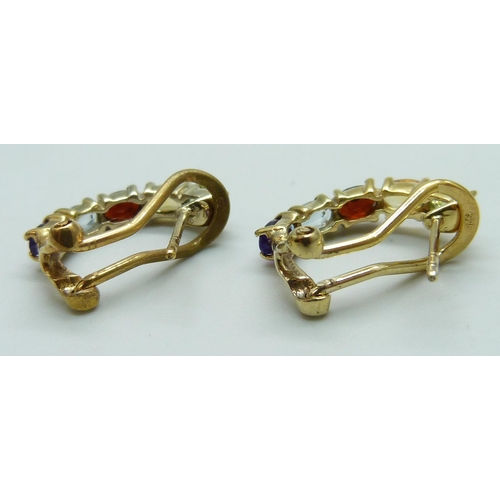 7108 - A pair of silver gilt multi gemstone set cuff style earrings, 4.3g