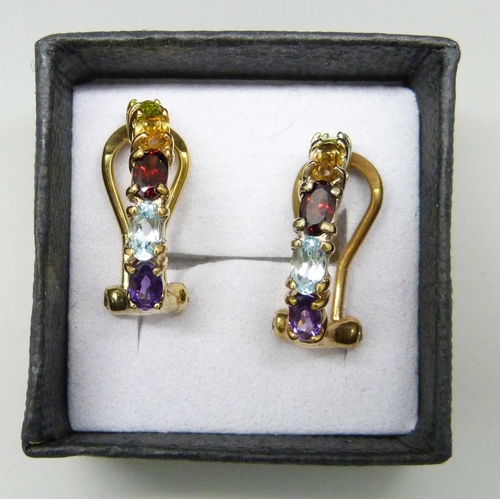 7108 - A pair of silver gilt multi gemstone set cuff style earrings, 4.3g