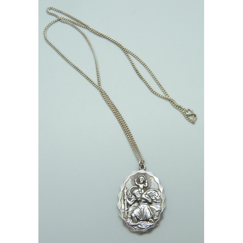 7127 - A silver Georg Jensen St Christopher pendant on a white metal chain, 4.7 x 3cm, 32g