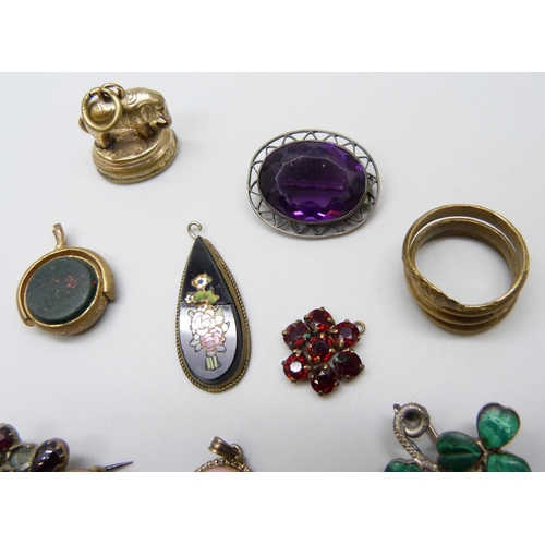 7136 - Victorian and later jewellery - A silver gilt mounted Wedgwood pendant, a silver and purple stone se... 