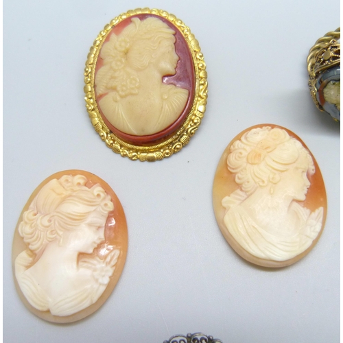 7142 - Cameo brooches including one hallmarked silver and a white metal example, loose cameos and rings