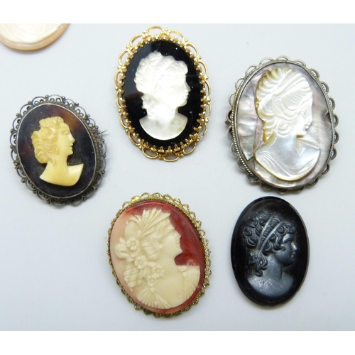 7142 - Cameo brooches including one hallmarked silver and a white metal example, loose cameos and rings