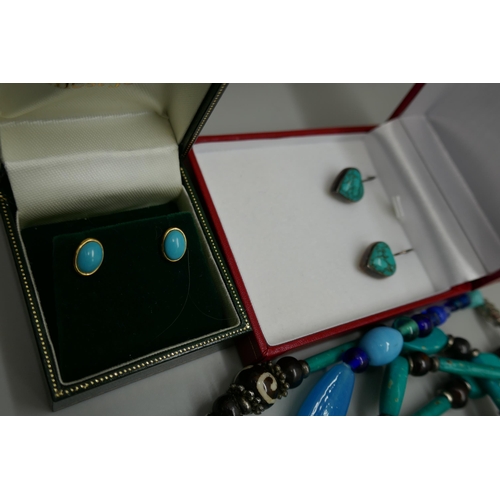 7162 - A pair of silver and turquoise earrings and a collection of turquoise and turquoise coloured jewelle... 