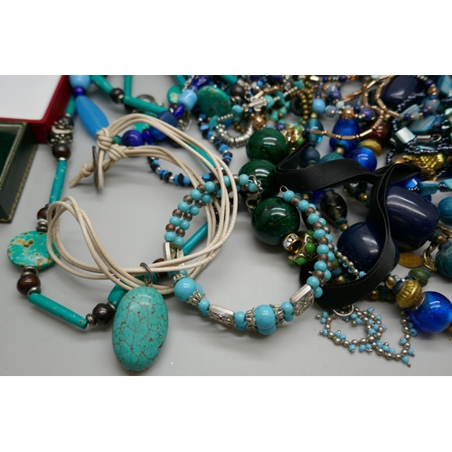 7162 - A pair of silver and turquoise earrings and a collection of turquoise and turquoise coloured jewelle... 