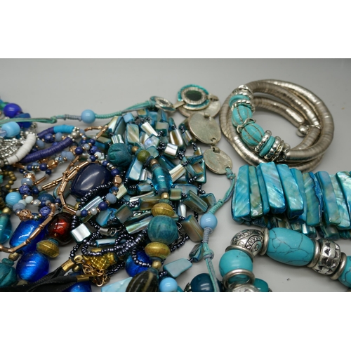 7162 - A pair of silver and turquoise earrings and a collection of turquoise and turquoise coloured jewelle... 