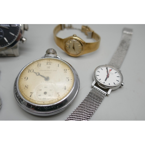 7171 - An Ingersoll pocket watch and other wristwatches including Fossil and Seiko