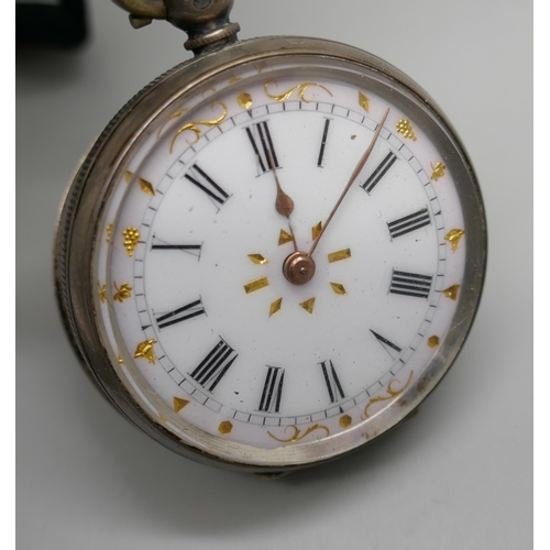 7172 - A silver .800 siver fob watch and a silver pocket watch with inscription verso