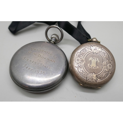 7172 - A silver .800 siver fob watch and a silver pocket watch with inscription verso