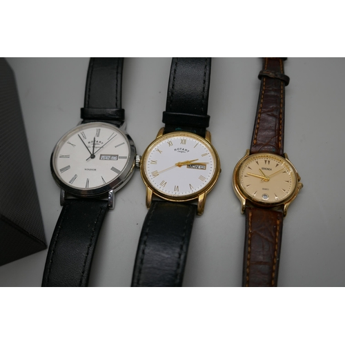 7174 - Three Rotary day-date wristwatches, one boxed and a lady's Sekonda wristwatch