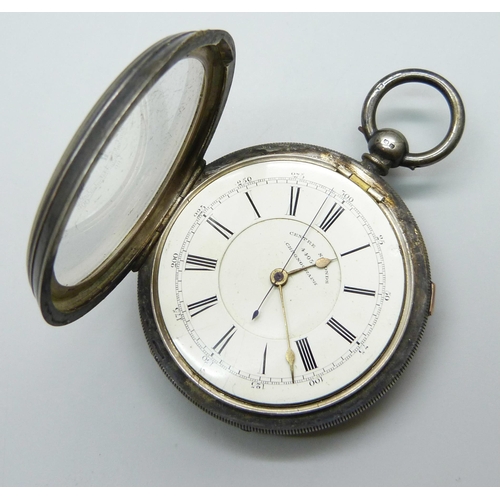 7177 - A large Centre Seconds Chronograph silver pocket watch, Chester 1892, 8.5cm including loop