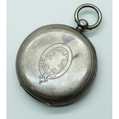 7177 - A large Centre Seconds Chronograph silver pocket watch, Chester 1892, 8.5cm including loop