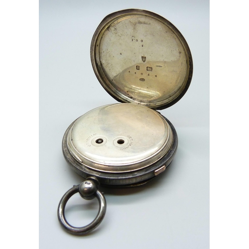 7177 - A large Centre Seconds Chronograph silver pocket watch, Chester 1892, 8.5cm including loop