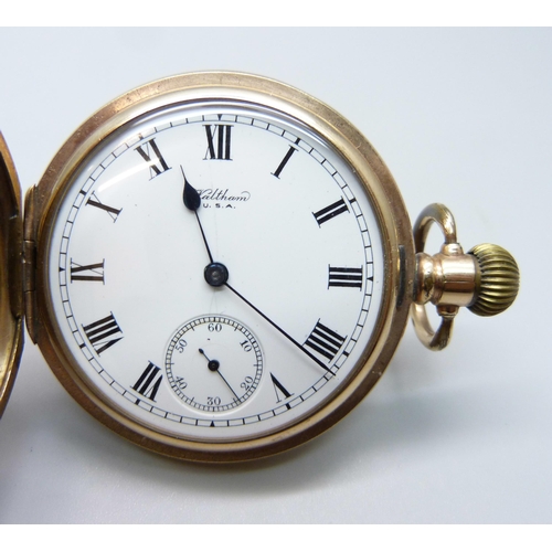 7179 - A Waltham gold plated full hunter pocket watch with inscription on inner cuvet dated 1923, Star Denn... 