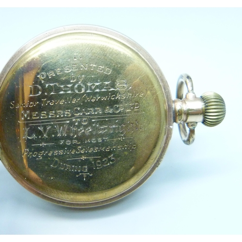 7179 - A Waltham gold plated full hunter pocket watch with inscription on inner cuvet dated 1923, Star Denn... 