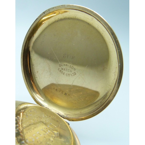 7179 - A Waltham gold plated full hunter pocket watch with inscription on inner cuvet dated 1923, Star Denn... 