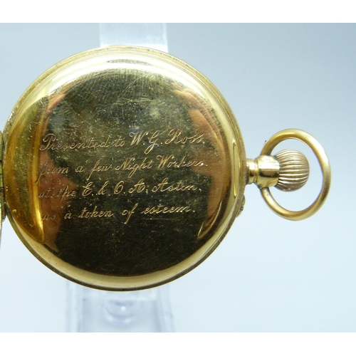 7181 - A 18ct gold cased pocket watch, presentation inscription to inner cuvet, total weight 88g, 47mm case