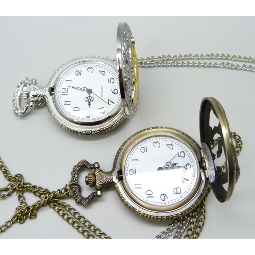 7182 - Two quartz modern pocket watches including a railway theme example