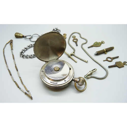 7183 - A collection of advertising watch keys and chains, with a pocket watch