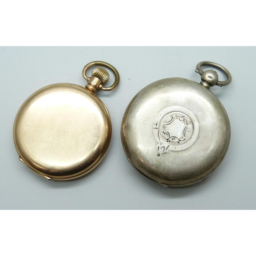 7184 - A silver cased pocket watch, Chester 1898, and a gold plated pocket watch