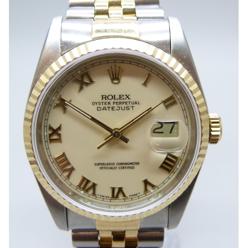 7197 - A Rolex Oyster Perpetual Date-Just wristwatch, cream dial, Roman numerals, ref: 16233/585410, case d... 