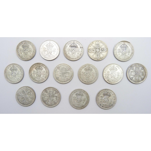 7207 - Coins - A collection of half silver florins/two shillings, all pre 1947, all VF or better, 167g