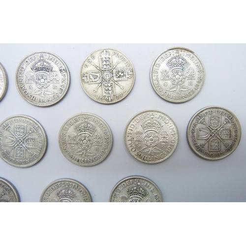 7207 - Coins - A collection of half silver florins/two shillings, all pre 1947, all VF or better, 167g