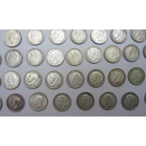 7208 - Coins - A collection of half silver shillings, pre 1947, 245g