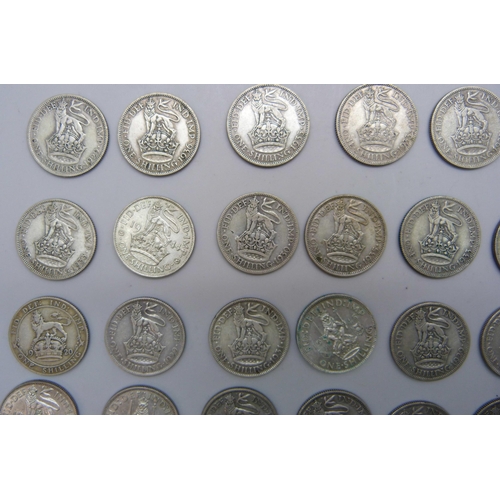 7208 - Coins - A collection of half silver shillings, pre 1947, 245g