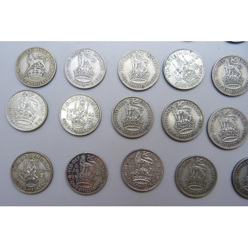 7208 - Coins - A collection of half silver shillings, pre 1947, 245g