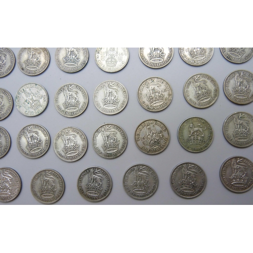 7208 - Coins - A collection of half silver shillings, pre 1947, 245g