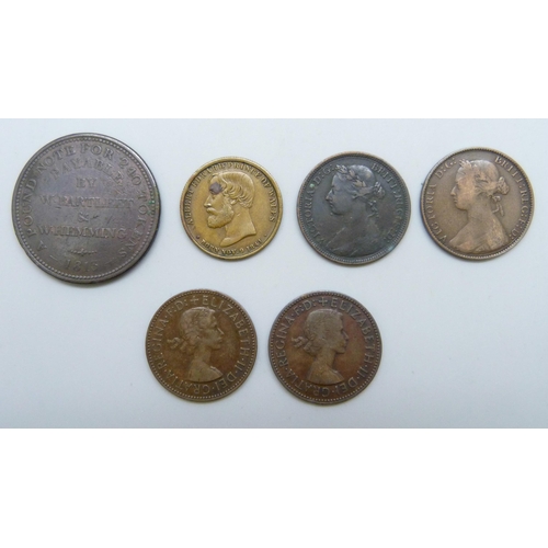 7209 - Coins - A collection of 19th century ½ pennies, a token and medal with two 1957 'Calm Seas' ½ pennie... 