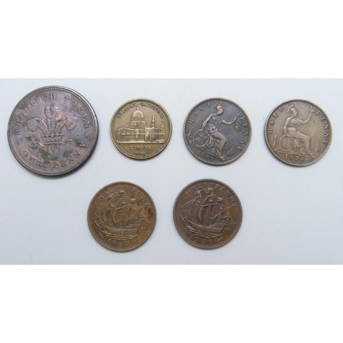 7209 - Coins - A collection of 19th century ½ pennies, a token and medal with two 1957 'Calm Seas' ½ pennie... 