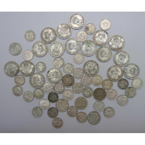 7210 - A collection of shillings/sixpence/threepence, all pre 1947, all VF or better, weight approximately ... 