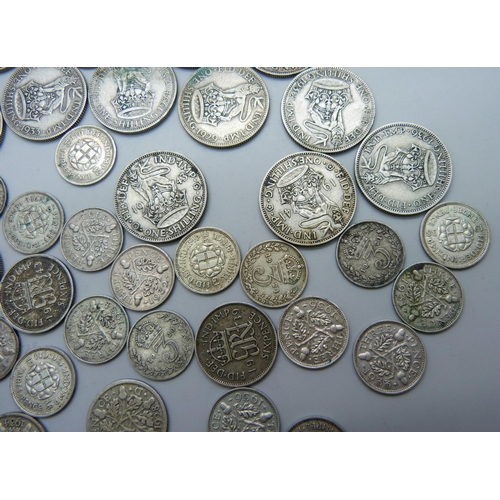 7210 - A collection of shillings/sixpence/threepence, all pre 1947, all VF or better, weight approximately ... 