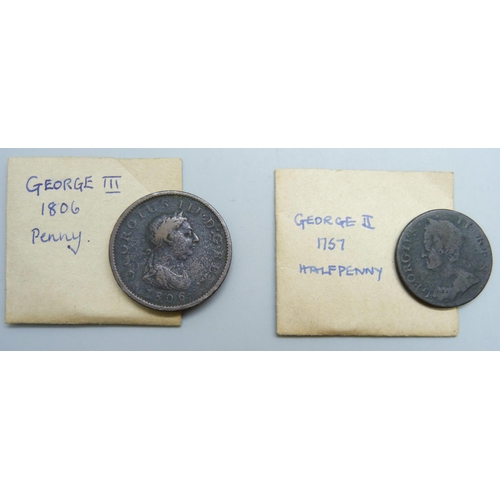 7220 - A collection of pennies and fractional coins, Charles II, George II/III/IV and Victoria, 17th-19th c... 