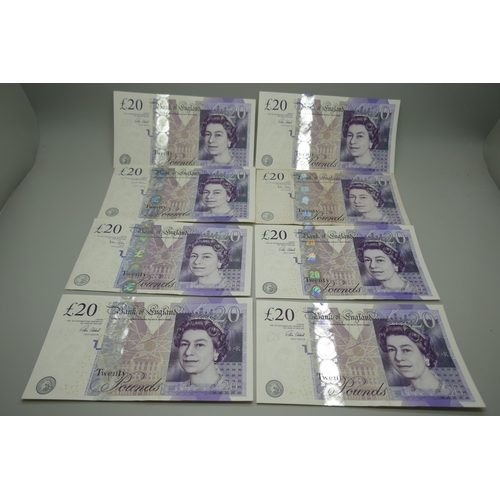 7223 - A collection of £20 notes including low and unusual numbers, together with a sequenced set of 5