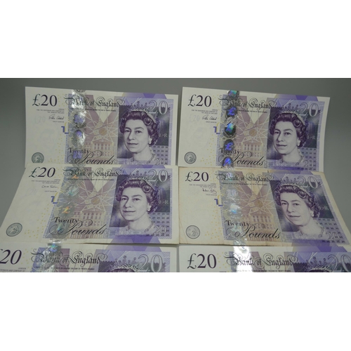 7223 - A collection of £20 notes including low and unusual numbers, together with a sequenced set of 5