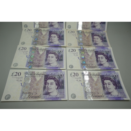 7223 - A collection of £20 notes including low and unusual numbers, together with a sequenced set of 5