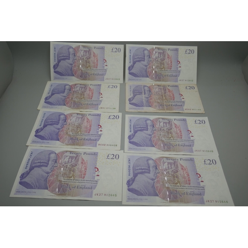 7223 - A collection of £20 notes including low and unusual numbers, together with a sequenced set of 5