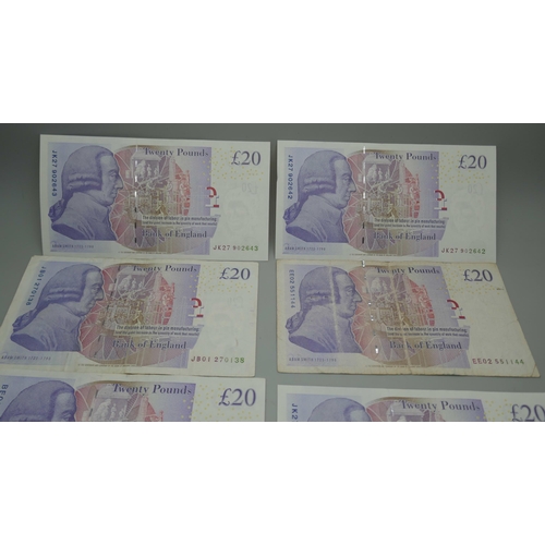 7223 - A collection of £20 notes including low and unusual numbers, together with a sequenced set of 5