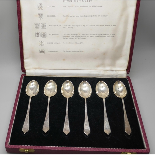 7232 - A set of silver tea spoons, 'Silver Hallmarks' each with a different assay office mark - London, Che... 