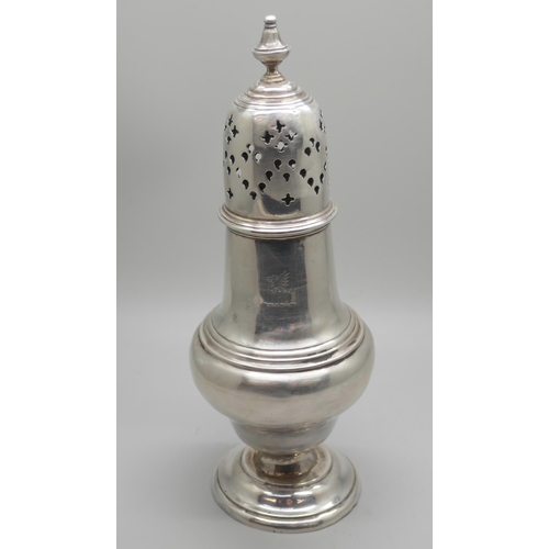 7243 - A silver sugar shaker, Sheffield 1908, 19cm, 122g