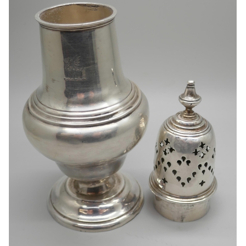 7243 - A silver sugar shaker, Sheffield 1908, 19cm, 122g